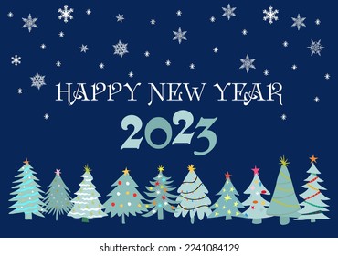 Happy New Year 2023 greeting card, background, banner with abstract Christmas tree, snowflakes and writing on deep blue. Horizontal vector illustration