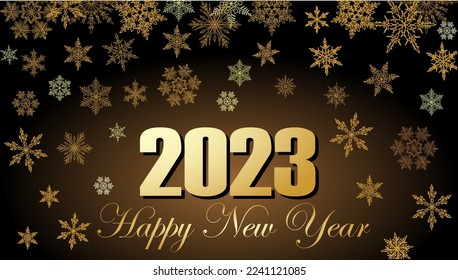 Happy New Year 2023 greeting card, background, banner with abstract golden snowflakes and hand writing text gold on black. Horizontal vector illustration