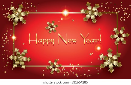 Happy New Year 2023 greeting card with glitter gold snowflakes, fall snow, light effect confetti. Christmas decoration. Winter Holiday ornaments. Xmas frame Christmas event Vector foil paper cut craft