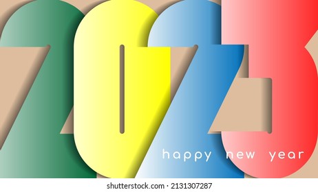 Happy new year 2023 greetings, consisting of large multi-colored numbers in a paper cut style.