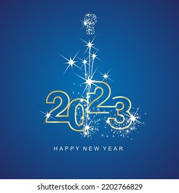 Happy New Year 2023 greetings sparkle firework white line design numbers gold white blue color background