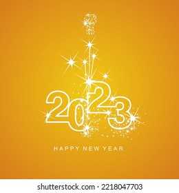 Happy New Year 2023 greetings sparkler firework white line design numbers white orange yellow color background