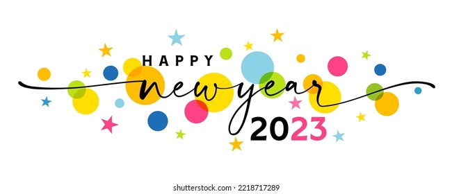 Happy new year 2023 greetings banner with swirl ribbon and colored stars. Creative concept of 20 23 Happy New Year calligraphy for poster or banner design. Vector illustration