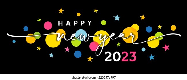 Happy new year 2023 greetings card with swirl and colored stars on black. Creative concept of 20 23 Happy New Year calligraphy for poster or banner design. Vector illustration