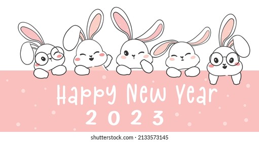 Happy New Year 2023, group of cute white funny rabbit heads set, bunny character collection, cute wildlife animal cartoon drawing vector