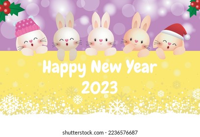 Happy New Year 2023, group of cute funny bunny rabbat holding sign board banner template, Xmas holiday party vector, Merry Christmas in snow scene winter illustration