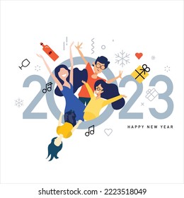 Happy new year 2023 hand draw  Festive 2023 new year celebration and colorful  Trendy   modern design for 2023 new year banner  flyer  greeting card   media post template