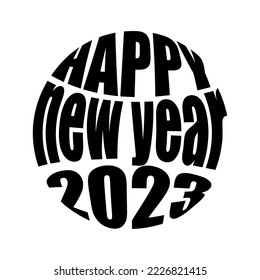 Happy New Year 2023 hand written lettering Handmade holiday template. White black ball ornament raised text background. Realistic 3d convex Christmas baubles pattern. Vector illustration EPS10