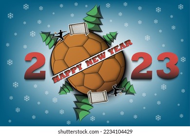 Happy new year. 2023 with handball ball, Christmas trees and handball player. Original template design for greeting card, banner, poster. Vector illustration on isolated background