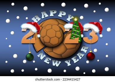 Happy new year. 2023 with handball ball. Numbers in Christmas hats with Christmas tree balls. Original template design for greeting card. Vector illustration on isolated background