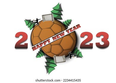 Happy new year. 2023 with handball ball, Christmas trees and handball player. Original template design for greeting card, banner, poster. Vector illustration on isolated background