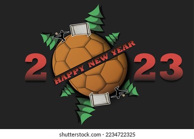 Happy new year. 2023 with handball ball, Christmas trees and handball player. Original template design for greeting card, banner, poster. Vector illustration on isolated background