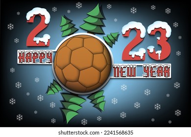 Happy new year. 2023 with handball ball and Christmas trees. Snowy numbers and letters. Original template design for greeting card, banner, poster. Vector illustration on isolated background