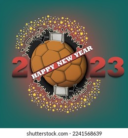 Happy new year 2023. Handball ball with handball player and fans. Creative design pattern for greeting card, banner, poster, flyer, party invitation. Vector illustration