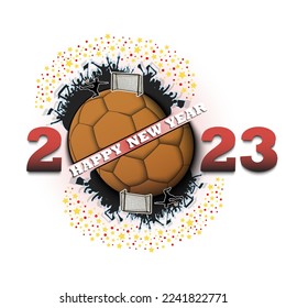 Happy new year 2023. Handball ball with handball player and fans. Creative design pattern for greeting card, banner, poster, flyer, party invitation. Vector illustration