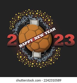 Happy new year 2023. Handball ball with handball player and fans. Creative design pattern for greeting card, banner, poster, flyer, party invitation. Vector illustration