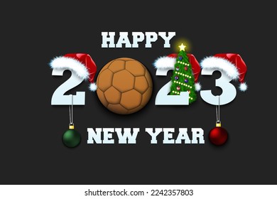 Happy new year. 2023 with handball ball. Numbers in Christmas hats with Christmas tree balls. Original template design for greeting card. Vector illustration on isolated background