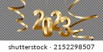 Happy New Year 2023. Hanging golden 3D numbers with ribbons, isolated on transparent background.