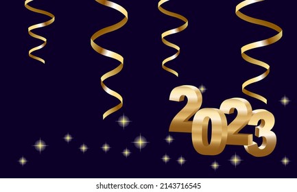 Happy New Year 2023. Hanging golden 3D numbers with ribbons and confetti on a defocused colorful, bokeh background.