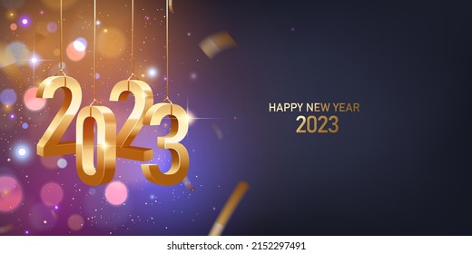 Happy New Year 2023. Hanging golden 3D numbers with golden confetti on a defocused colorful, bokeh background.