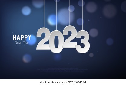 Happy New Year 2023. Hanging paper cut number and bokeh bubber on blue gradient background.