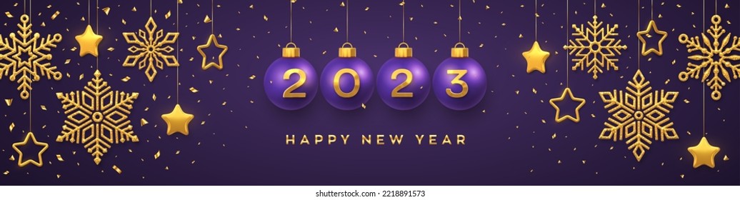 Happy New Year 2023. Hanging Purple Christmas bauble balls with realistic golden 3d numbers 2023. Golden snowflakes and 3D metallic stars on red background. Holiday banner, header. Vector Illustration