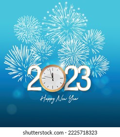 Feliz año nuevo 2023. Colgando el número de papel blanco con confetti en un fondo borroso colorido.