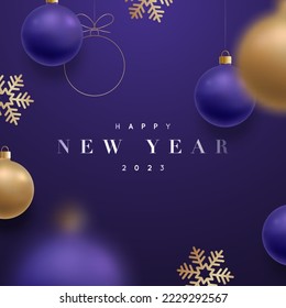 Happy new year 2023. Hanging golden metallic balls, shiny snowflakes, 3d metallic and stars on dark violet background. Festive design template for winter holidays.