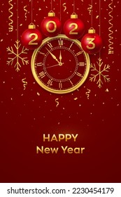 Happy New Year 2023. Hanging red Christmas bauble balls with realistic gold 3d numbers 2023 and snowflakes. Watch with Roman numeral and countdown midnight, eve for New Year. Merry Christmas. Vector.