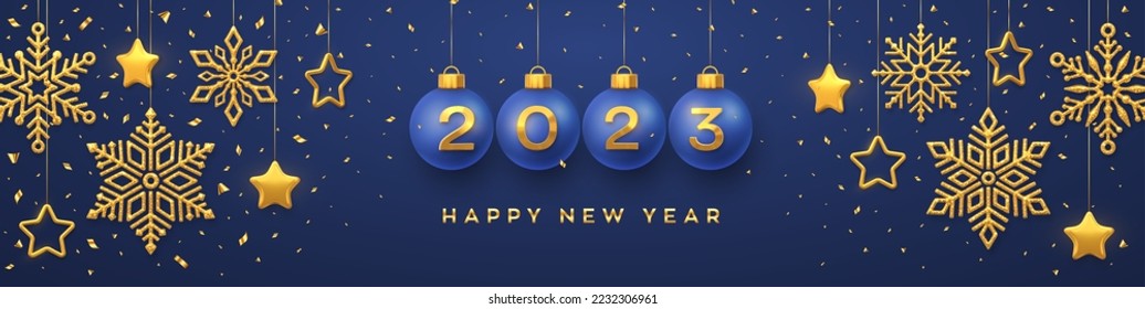 Happy New Year 2023. Hanging blue Christmas bauble balls with realistic golden 3d numbers 2023. Golden snowflakes and 3D metallic stars on blue background. Holiday banner, header. Vector Illustration.