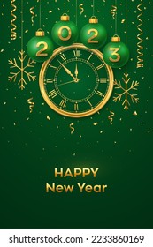 Happy New Year 2023. Hanging green Christmas bauble balls with realistic gold 3d numbers 2023 and snowflakes. Watch with Roman numeral and countdown midnight eve for New Year. Merry Christmas. Vector.