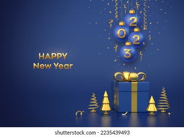 Happy New Year 2023. Hanging Blue Christmas bauble balls with realistic golden 3d numbers 2023 and confetti. Gift box and golden metallic pine or fir cone shape spruce trees. Vector illustration.