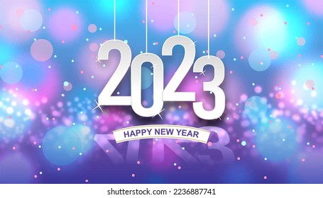 Happy new year 2023. Hanging white paper number with confetti on a colorful blurry background.