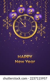 Happy New Year 2023. Hanging purple Christmas bauble balls with realistic gold 3d numbers 2023 and snowflakes. Watch with Roman numeral and countdown midnight eve for New Year. Merry Christmas. Vector