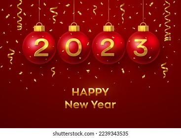 Happy New Year 2023. Hanging Red Christmas bauble balls with realistic golden 3d numbers 2023 and glitter confetti. Greeting card. Holiday Xmas and New Year poster, banner, flyer. Vector Illustration