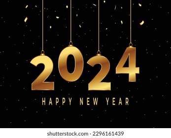 Happy New Year 2023. Hanging golden numbers with ribbons and confetti on a defocused colorful, bokeh background.