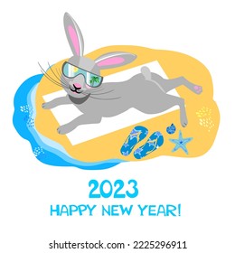 Happy new year 2023! Happiness and travel summer destination concept. Celebration background with rabbit and place for your text. Design elements isolated on White  background. Vector