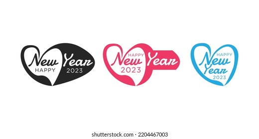 Happy New Year 2023 with heart shape Logo. Abstract Hand drawn creative calligraphy vector logo design. 2023 New year Logo