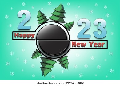 Happy new year. 2023 with hockey puck and Christmas trees. Original template design for greeting card, banner, poster. Vector illustration on isolated background
