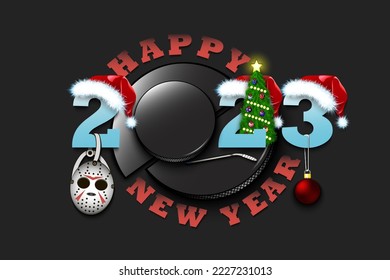 Happy new year. 2023 with hockey puck. Numbers in Christmas hats with mask, hockey stick and Christmas tree ball. Original template design for greeting card. Vector illustration on isolated background