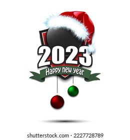 Happy new year 2023. Hockey logo template design. Hockey puck in santa hat. Design pattern for greeting card, banner, poster. Vector illustration on isolated background