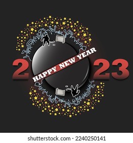 Happy new year 2023 and hockey puck with hockeyl player and fans. Creative design pattern for greeting card, banner, poster, flyer, party invitation. Vector illustration