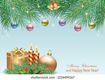 Happy New Year 2023. Holiday card with gift box, candle and decorations. Festive background with colorful Christmas balls hanging on fir branches. 3d vector illustration.