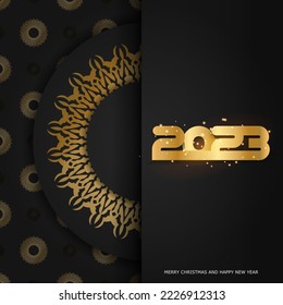 Happy new year 2023 holiday poster. Golden pattern on black.