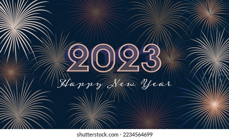 Happy New Year 2023. Holiday background with festive fireworks at midnight.