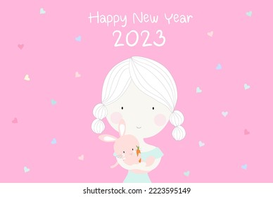 Happy New Year 2023 and Holidays celebration cute girl  holding cute rabbit vector illustration