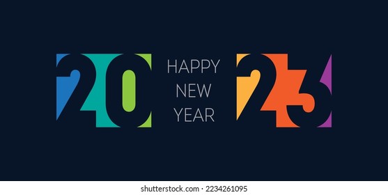 Happy new year 2023, horizontal banner. Bright image on dark background. Cover of business diary for 20 23 with wishes. Brochure or calendar cover design template.