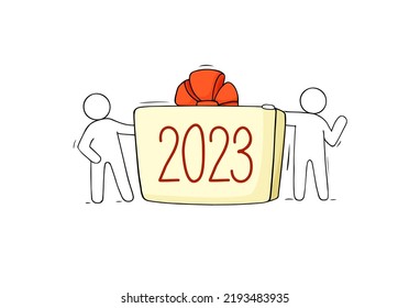 Happy New year 2023 icon with doodle people. Vector sketch illustration of cute little and gift box with numbers of year