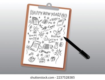 Happy new year 2023 illustration, resolutions doodles in  portable writing board and pen