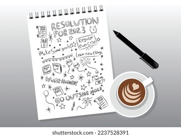 Feliz año nuevo 2023 ilustración, resoluciones doodles en cuaderno, café y pluma